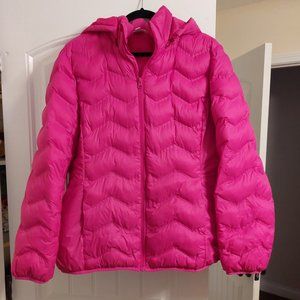 pink puffer jacket